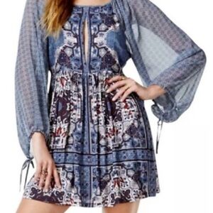 Free People Women's Oksana Mini Dress Size 0 Blue Long Balloon Sleeves